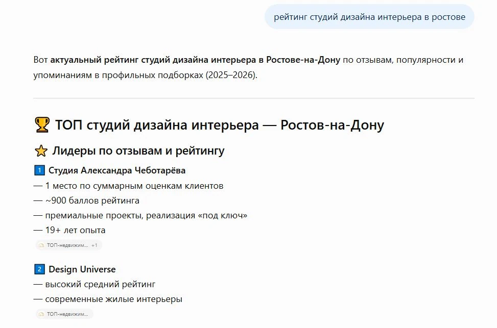 Ответ ChatGPT со студией дизайна Александра Чеботарева в результатах